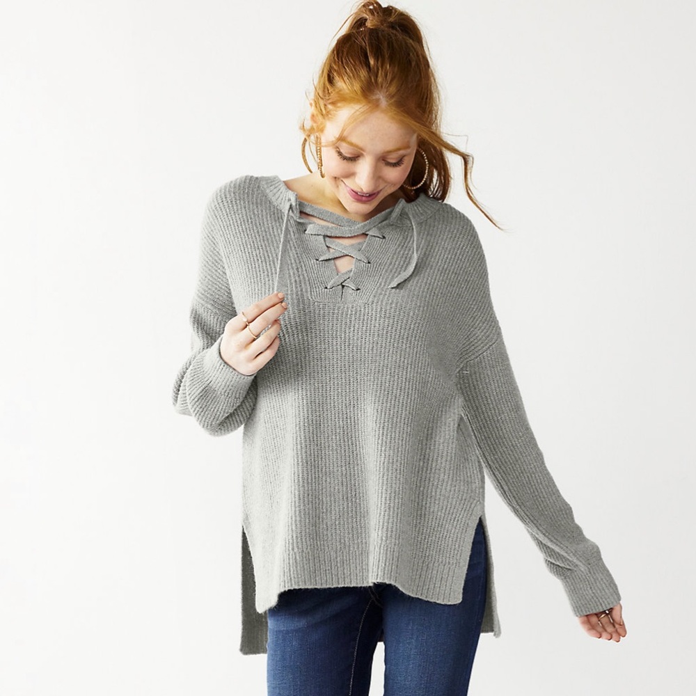NWT SO® Gray Lace-Up Front Tunic Sweater-Size Small